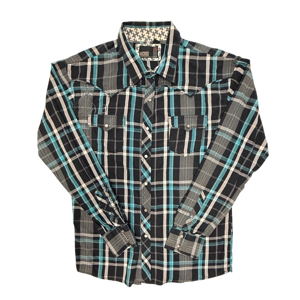 Micros Mens XXL Western Snap Plaid Shirt Teal Black Embroidered Graphic Patch